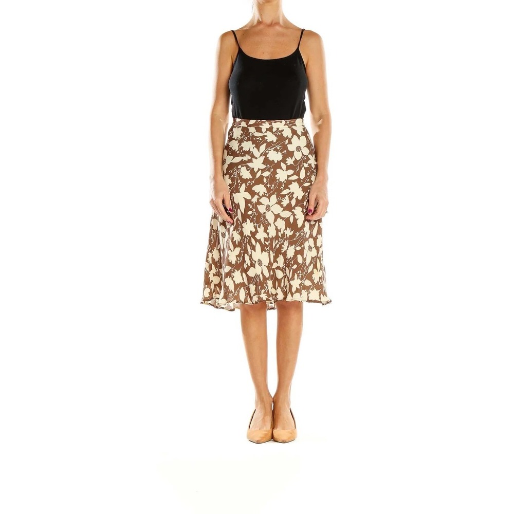Kate Hill 100% Silk Skirt, A Line Knee Length, Brown Beige Floral Print Size 14P
